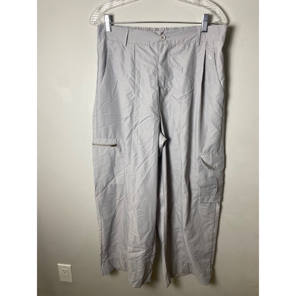 Luna Peak Womens Light Grey Athletic Cargo Pants Wide Leg Nylon Blend Large